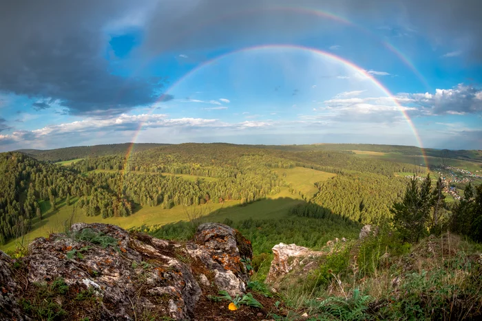 The outskirts of the village of Gumerovo, Ishimbay district of the Republic of Bashkortostan. View from Mount Buzha-Tau. 08/30/2020 - My, Bashkortostan, Landscape, Rainbow, Double Rainbow, Gorge, Nature