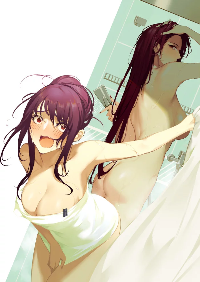 We must knock! - NSFW, Anime, Anime art, Pixiv, Fate grand order, Scathach, Shower, Fate