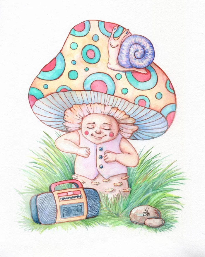 New drawing! - My, Watercolor, Drawing, Mushrooms, Graphics, Snail, Nature, Record player