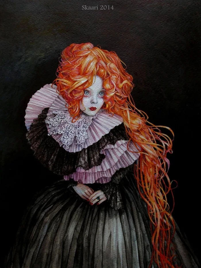 Portrait of a girl with a magnificent hairstyle - My, Painting, Portrait, Art, Portrait by photo, Painting, Watercolor, Redheads, jabot, Lace, Girls