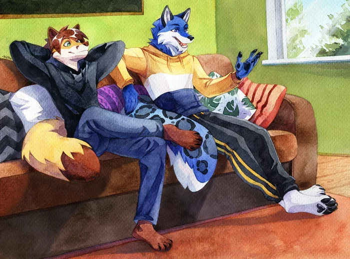 On the couch - Furry, Art, Watercolor, Traditional art, Rinkusu69