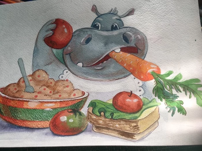 And then the hippopotamus called... - My, Illustrations, Children's fairy tales, Cake, hippopotamus, Longpost