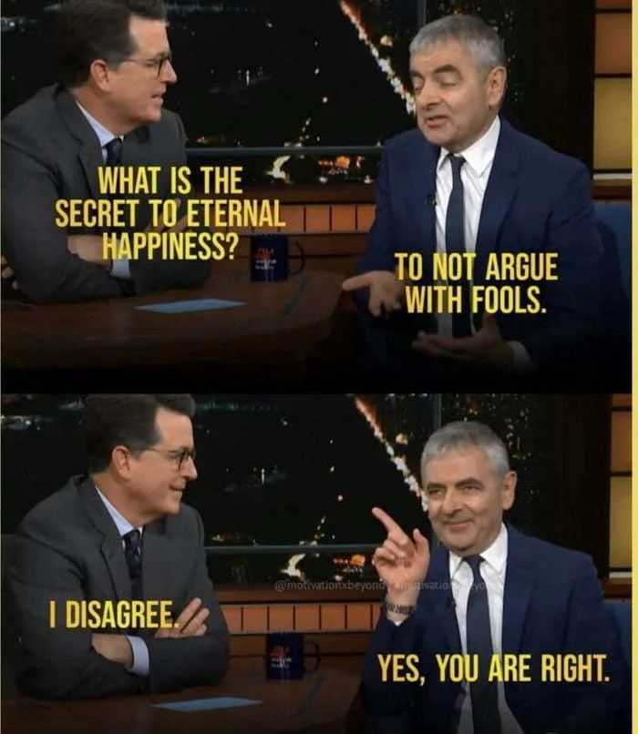 The secret to eternal happiness from Rowan Atkinson - Rowan Atkinson, Happiness, Secret, Picture with text, Storyboard, Celebrities, Actors and actresses