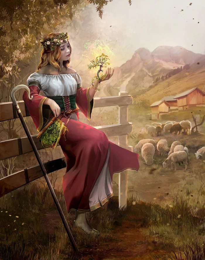Shepherdess - Art, Girls, Enchantress, Sheeps, , Drawing, Shepherdess