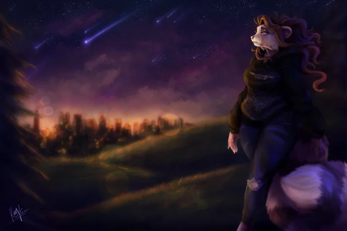 Under the starry sky - Furry, Anthro, Art, Kaymiika