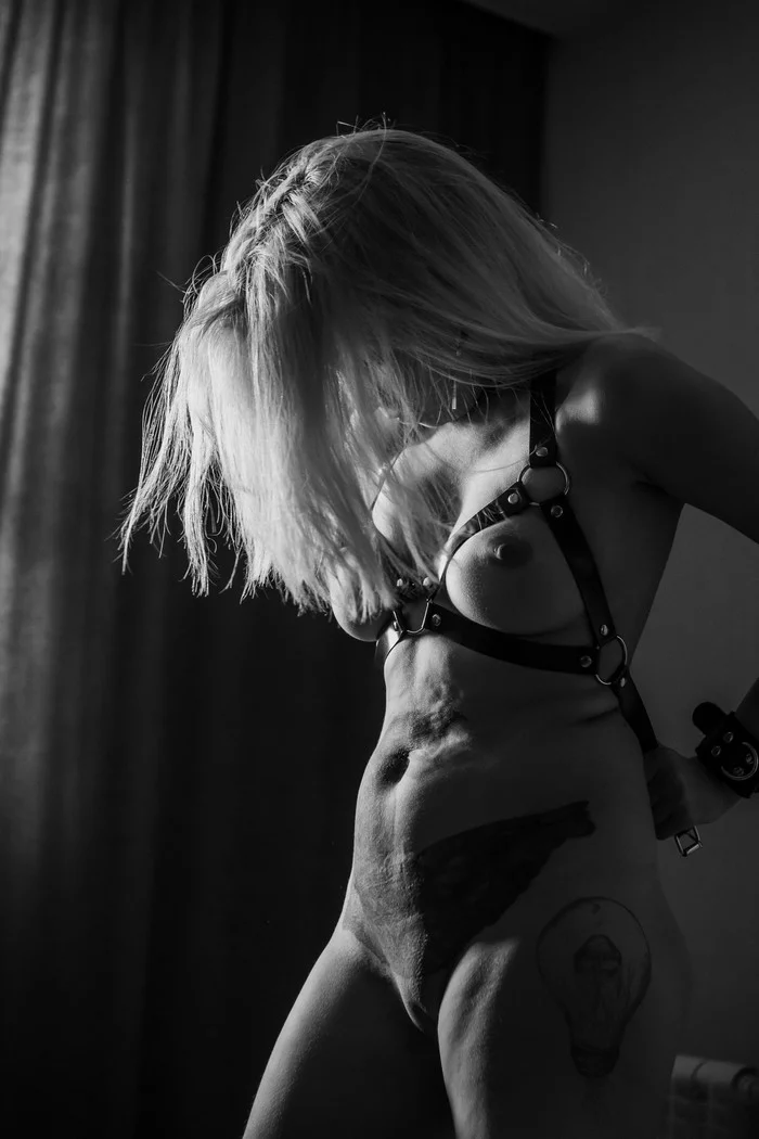 Harness as part of the image - NSFW, My, Erotic, BDSM, Harness, Girl with tattoo, Sensuality, Blonde, Professional shooting