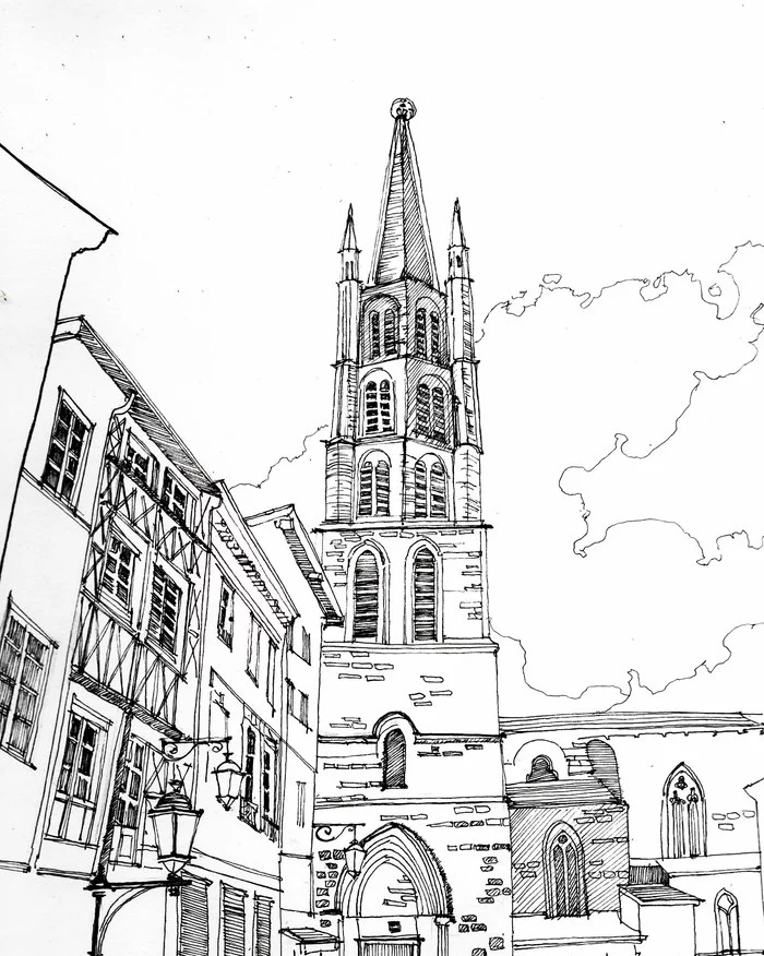 View of the cathedral, sketch - My, Drawing, Architecture, Pen, Ancient architecture