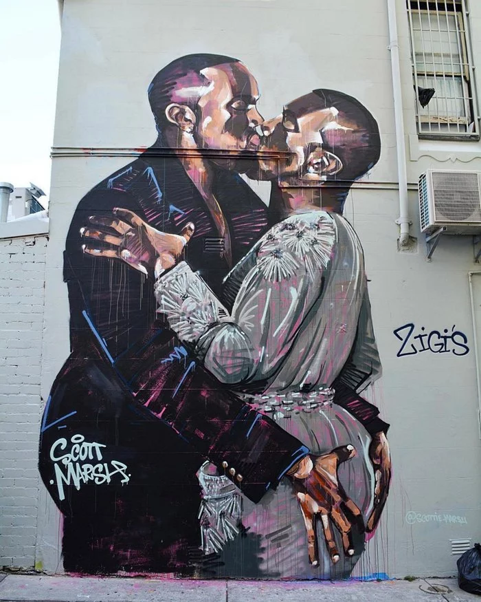 Penetration of the belamic bottom - Kanye west, Kiss, Mural, Drawing, Graffiti, Black people, Selfcest