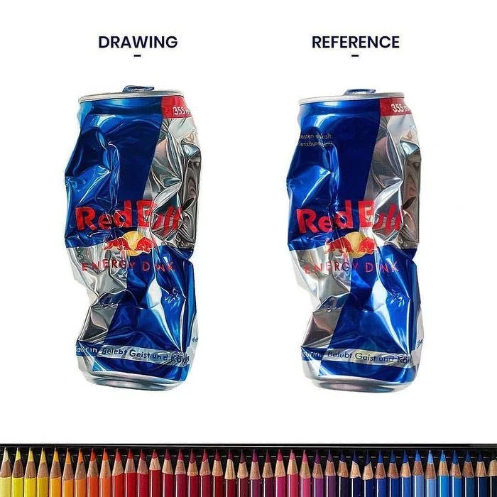 When the resulting drawing looks cooler than the drawing object - Pencil drawing, Drawing, Colour pencils, Red bull, Jar, Aluminum can, Differences, Realism, Photorealism, Reddit