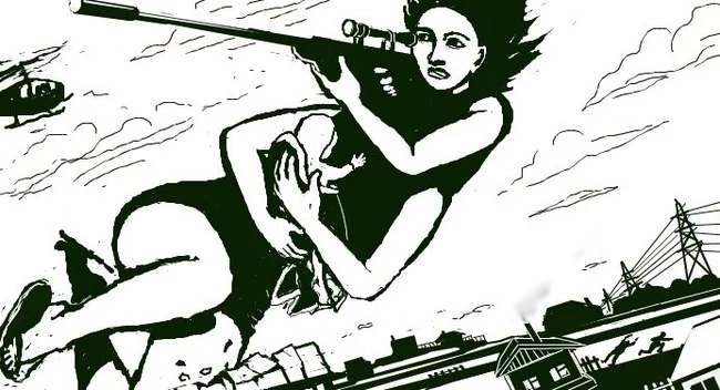 A four-armed giant woman escapes persecution - My, Strong girl, Illustrations, Digital drawing, Rifle, Giants