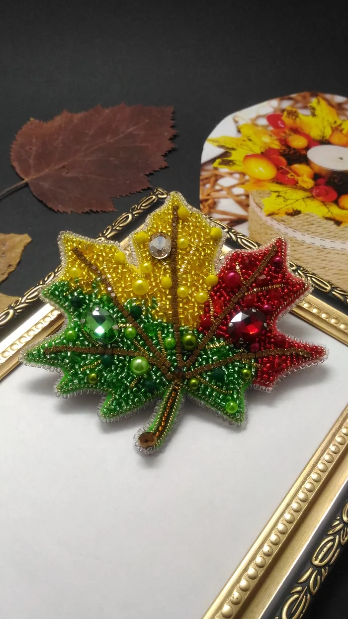 Brooch Maple leaf - My, Needlework without process, Brooch, Leaves, Autumn, Beads, beauty