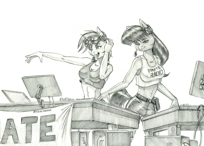 Pirate Radio - My Little Pony, Антро, Vinyl Scratch, Octavia Melody, Традиционный арт, Baron Engel