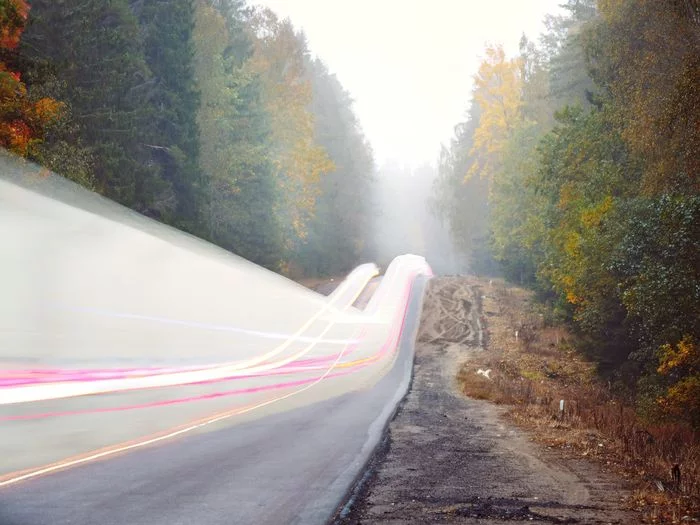 Ghosts of the Foggy Road - My, The photo, Landscape, Road, Leningrad region, Long exposure