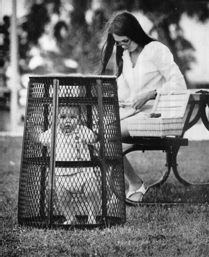 Outdoor playpen - Mum, Children, Control, Trash can, Black and white photo