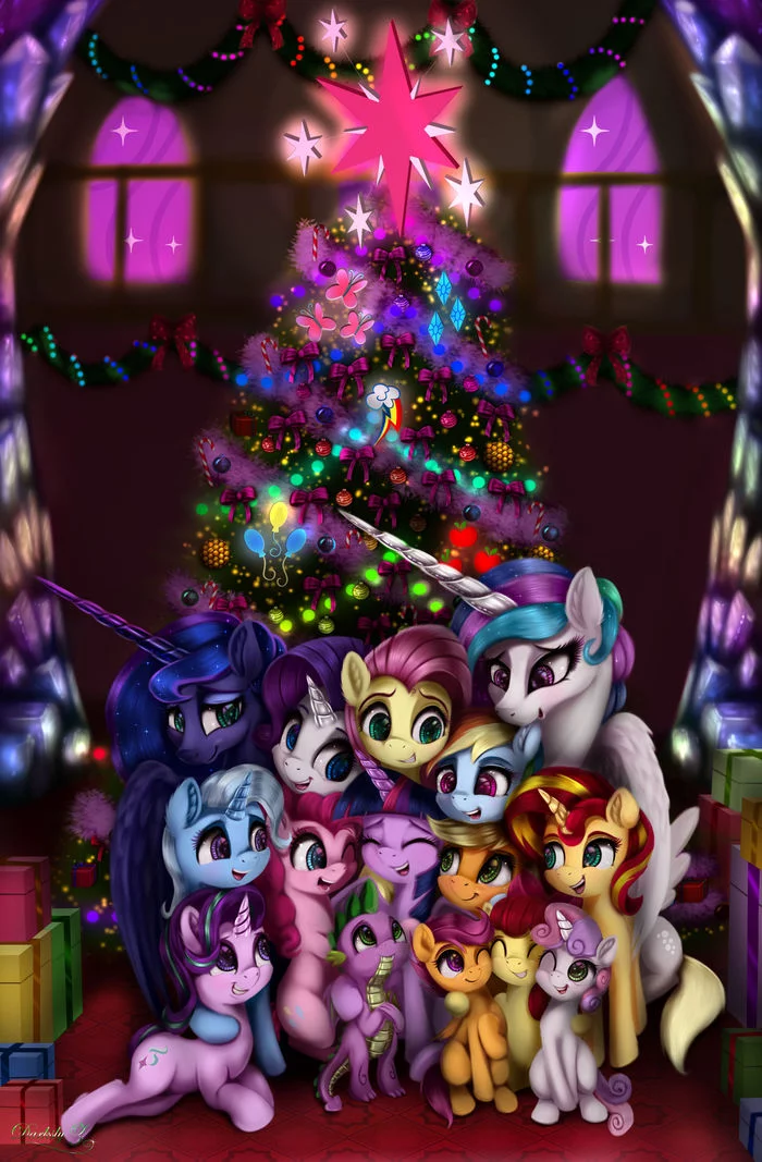 Новогодние Обнимашки - My Little Pony, Mane 6, Starlight Glimmer, Trixie, Sunset Shimmer, Spike, Princess Luna, Princess Celestia