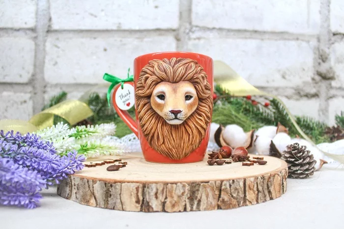 Lion cub. Polymer clay mug decor - My, Polymer clay, Mug with decor, Lion cubs, Handmade, Video, Needlework with process, With your own hands, Needlework, Longpost