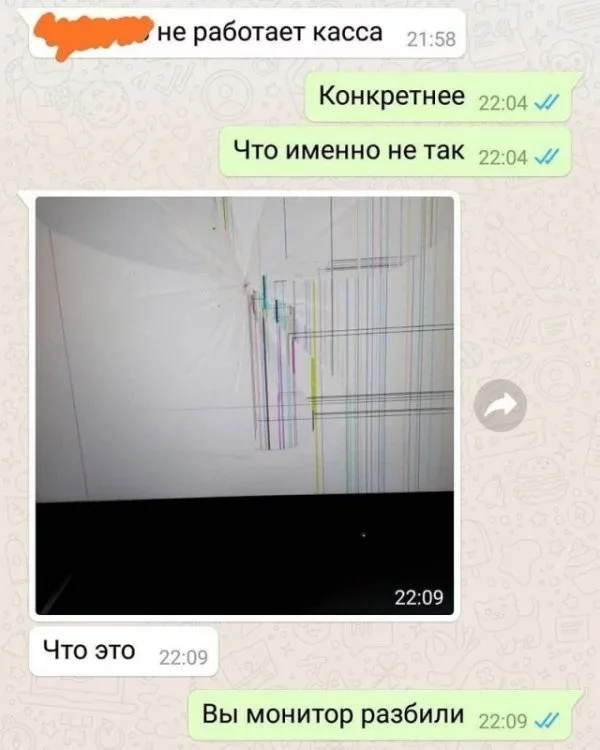 Well, how can you guess for yourself?) - IT, Support service, Screenshot, Correspondence, Humor, Sysadmin, Монитор, Cash register, System error, Whatsapp
