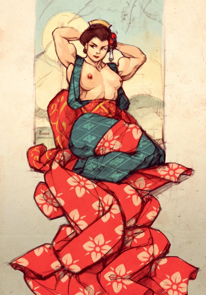 Geisha - NSFW, Janrockitnik, Strong girl, Muscleart, Geisha, Hand-drawn erotica