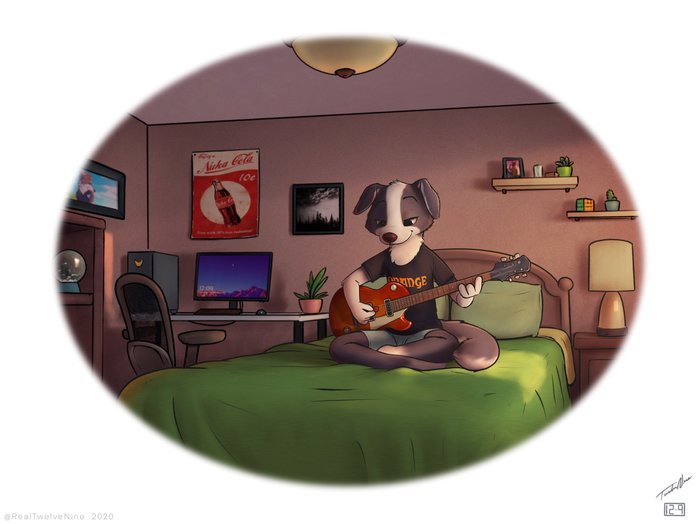 Playing guitar - Furry, Dog, Guitar, Bed, Twelvenine, Art