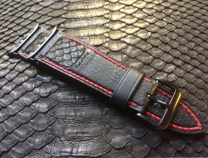 Handmade strap with python leather element. (Apple fasteners - example) - My, Leather products, Leather, Strap, Handmade, Needlework without process, With your own hands, Longpost