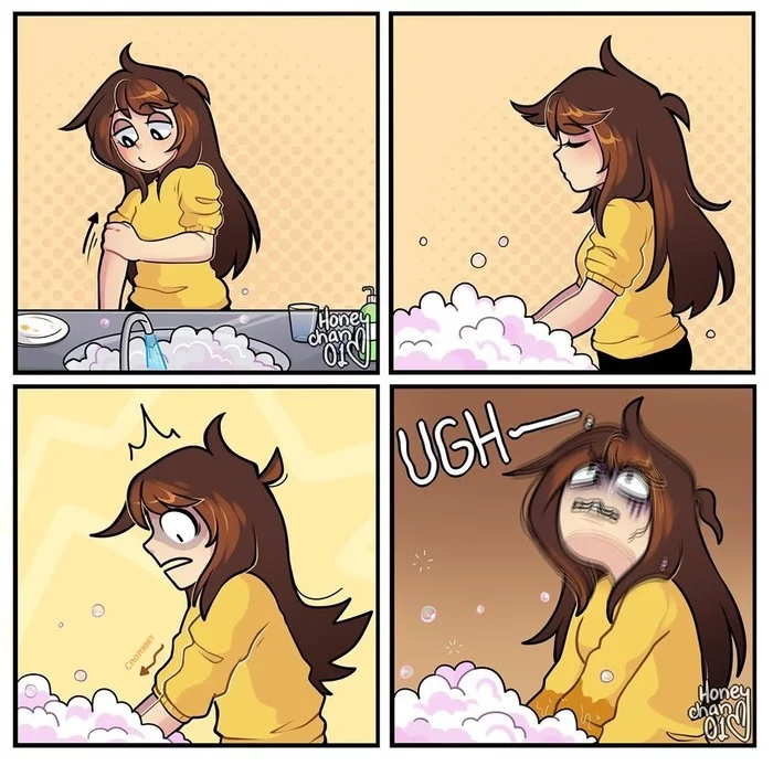 Difficulty washing dishes - Comics, Honeychan01, Dishwashing, Sleeve