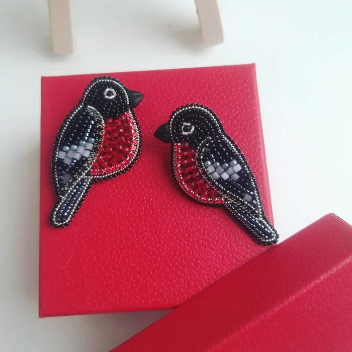 Bullfinches - My, Brooch, Handmade, Needlework without process, Beads, Longpost