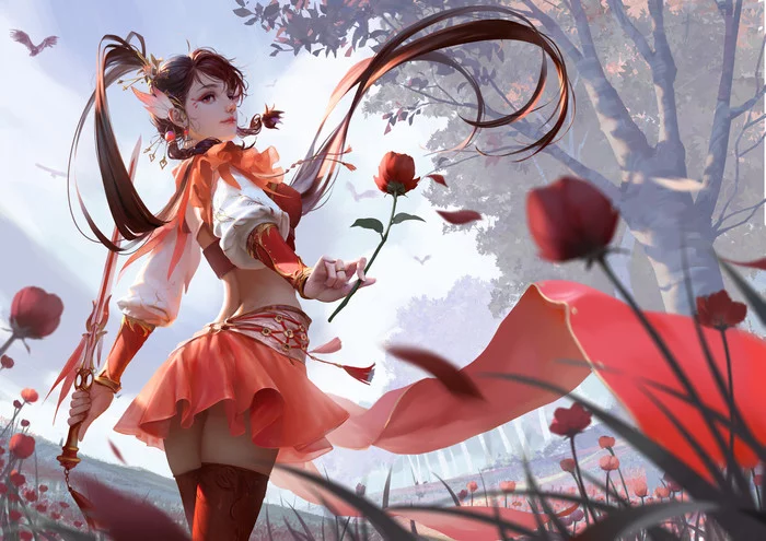 Flower glade - Art, Girls, Flowers, Artstation, Rui Li