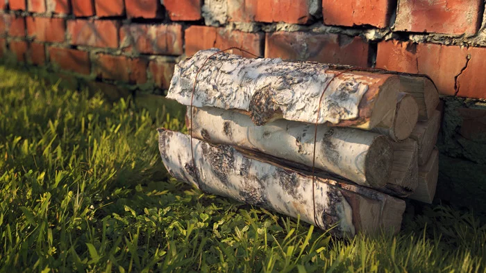 3D work Birch firewood - My, Render, 3DS max, Vray, Firewood, Lawn, Wall, Computer graphics, Photogrammetry