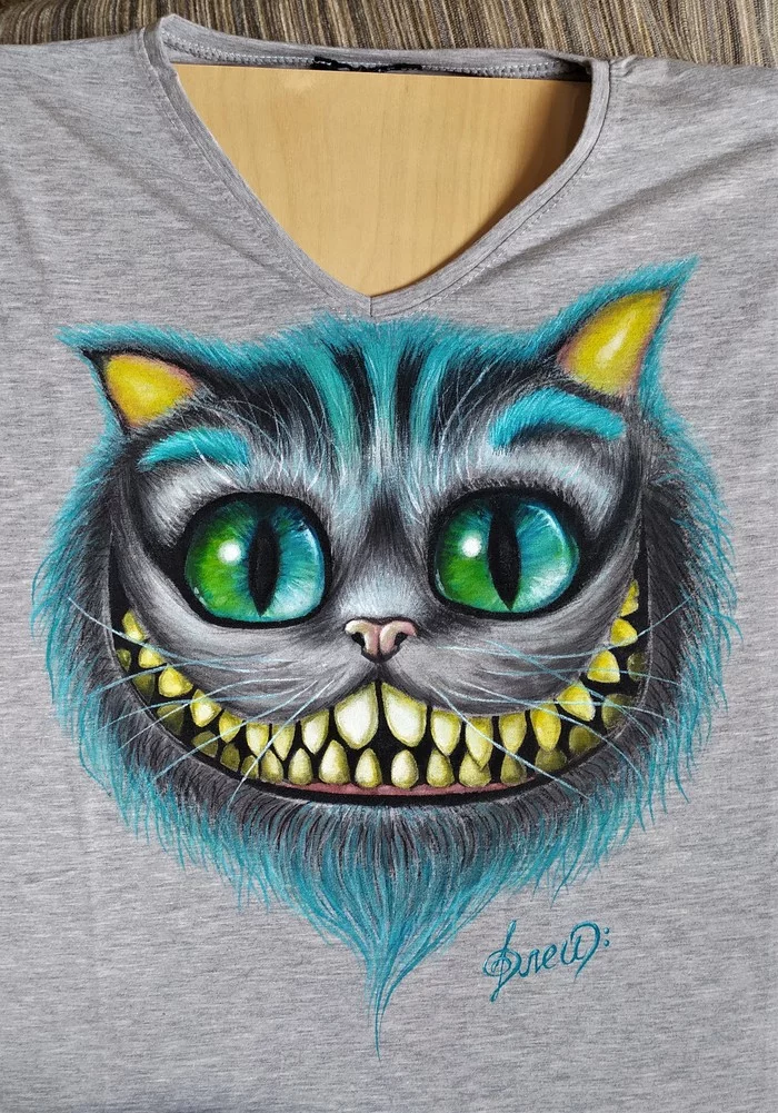 Cheshire cat (painting on clothes) - My, Painting on fabric, Handmade, Images, Drawing, T-shirt, cat, Cartoons, Longpost, Needlework with process