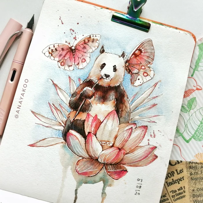 Panda - My, Panda, Lily, Butterfly, Animals, Sketch, Sketchbook, Alcohol markers, Liner