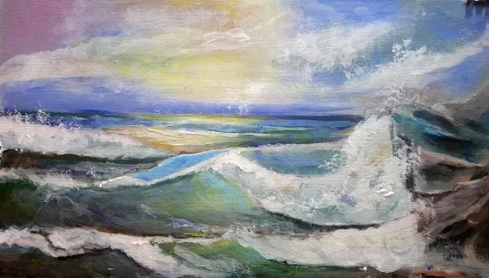 Acrylic painting Uploaded from tik tok Creation process - My, Sea, Art, Painting, Acrylic, Revived paintings, Wave, Surf, Video, Longpost