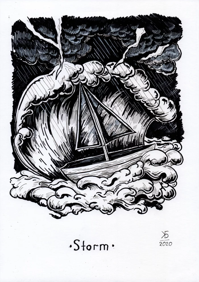 Inktober. День 17 - Storm - Моё, Inktober, Рисунок, Парус, Корабль, Иллюстрации, Тушь, Маркер, Графика