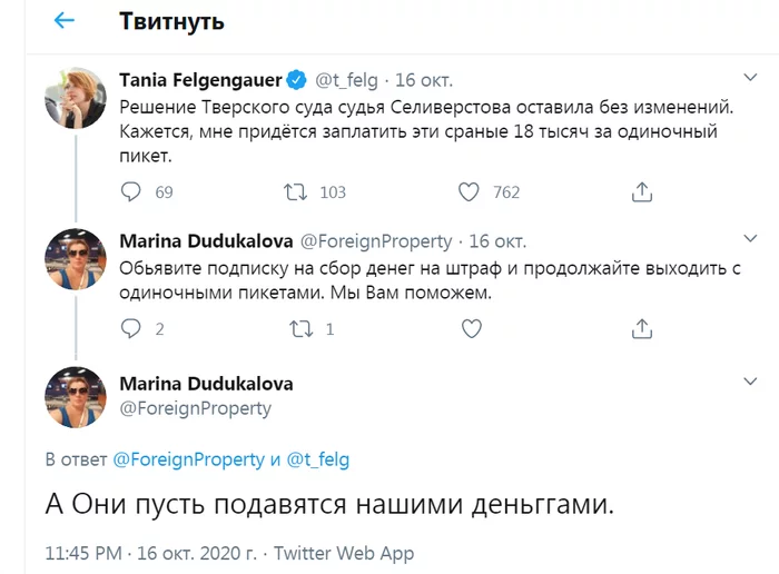 How Mordor bent Tanka - Russia, Politics, Opposition, Tatyana Felgenhauer, Screenshot, Twitter, Fine