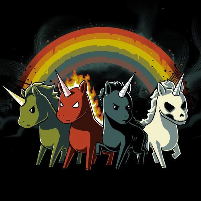 Reply to the post “Horsemen of the Apocalypse, Ryan Begley” - Art, Apocalypse, Horsemen of the Apocalypse, Unicorn, T-shirt, Rainbow, Reply to post