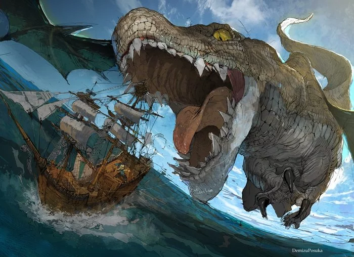 Am - Art, Drawing, Ship, The Dragon, Demizu Posuka