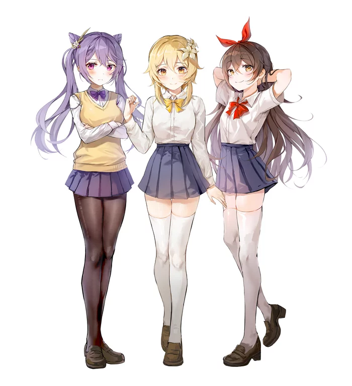 school uniform - Anime, Genshin impact, Keqing, Amber, School uniform, Lumine