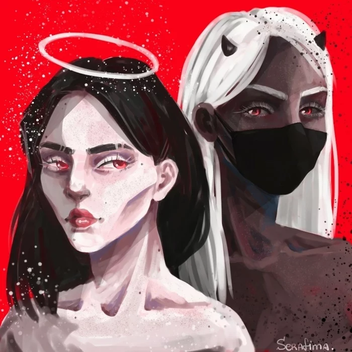 Angel&demon - My, Art, Girls, Angel, Demon, Drawing, Krita, Digital, Mask