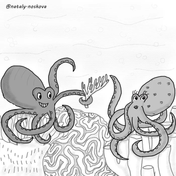 Inktober 2020. Day 20 - Coral - My, Natalyhumor, Inktober, Humor, Drawing, Comics, Coral, Octopus