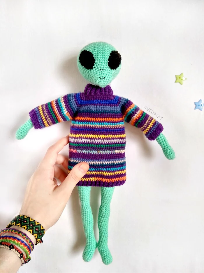 Alien in a sweater - My, Amigurumi, Crochet, Aliens, Needlework without process, With your own hands, Knitted toys, Knitting, Handmade, Toys, Creation, Aliens