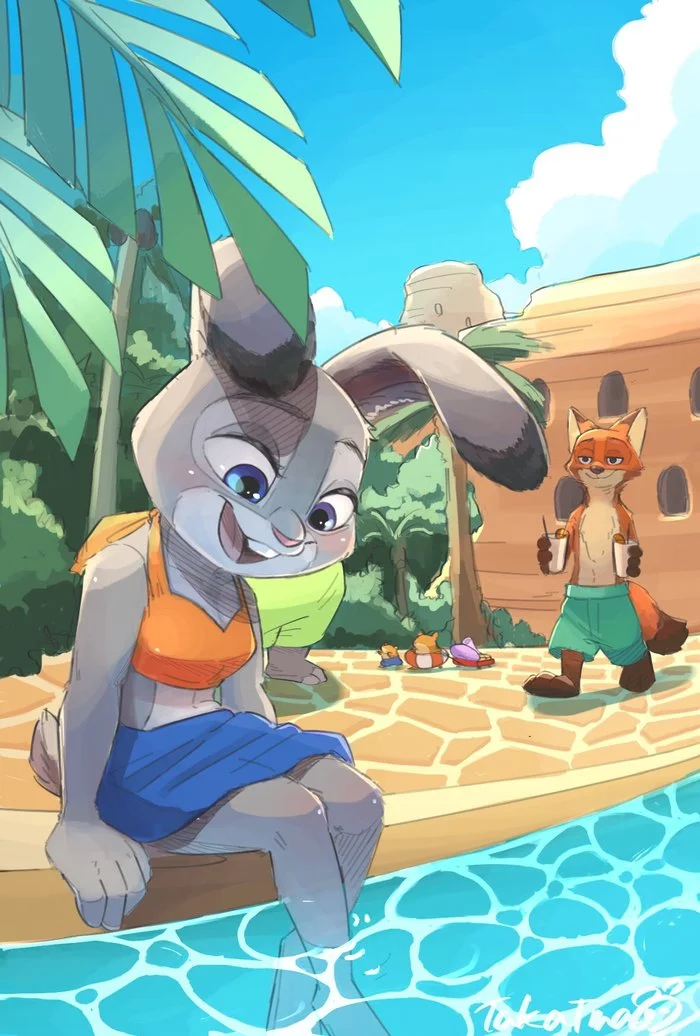 Near the swimming pool - Zootopia, Nick and Judy, Nick wilde, Judy hopps, Swimming pool, Art