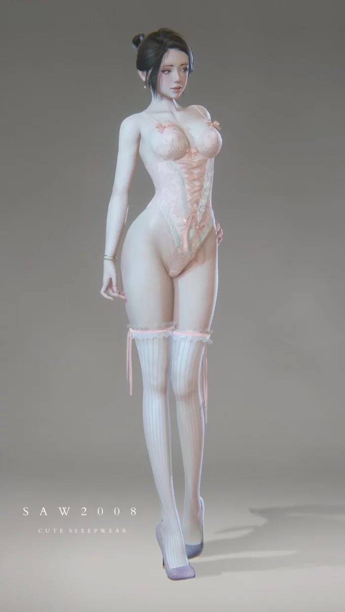 Sleepwear - NSFW, Art, 3D, Erotic, Girls, Breast, Booty, Stockings, Underwear, Front view, Back view, Longpost