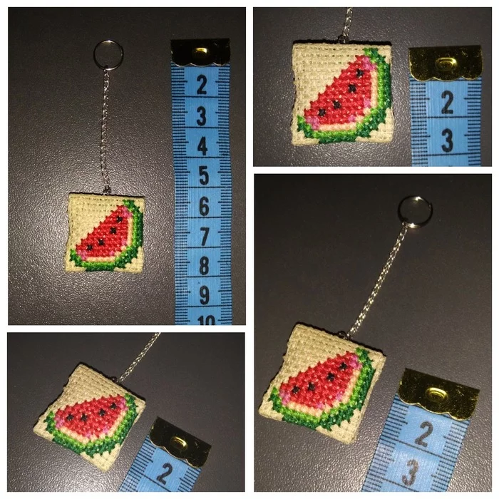 Keychain Watermelon - My, Watermelon, Keychain, Pillow, Canvas, Floss, Creation, Hobby, Needlework, Needlework without process, Cross-stitch, Embroidery