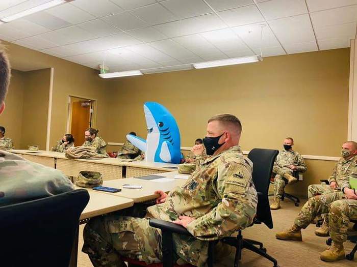 Only my friend was told that today on Halloween you can come in costume to work - The photo, Halloween, Costume, Shark, Army, Meeting, Reddit