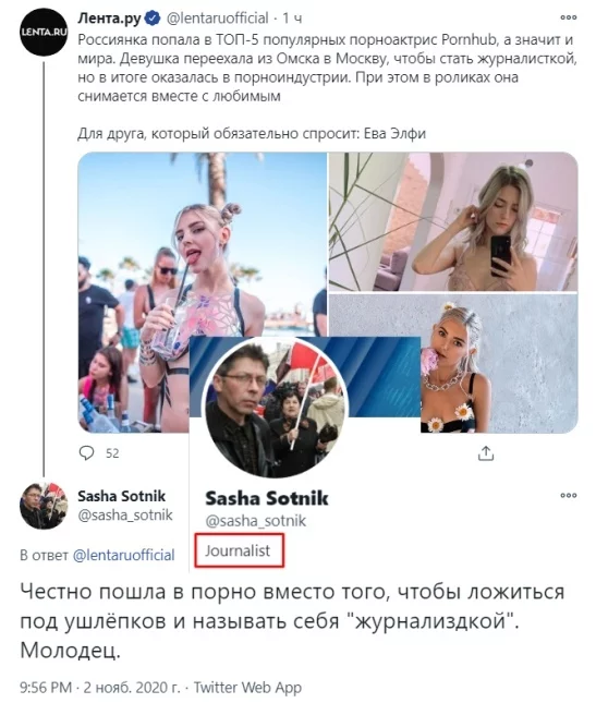 Все по-честному - NSFW, Порно, Порноактеры и порноактрисы, Eva Elfie, Twitter, Lenta ru, Саша Сотник, Pornhub, Скриншот, Длиннопост