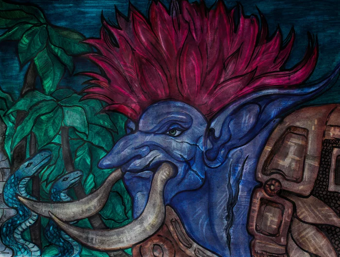 Troll from the Darkspear tribe A1 format, mixed media - My, Graphics, Troll, Games, Painting, Watercolor, Mascara, Oil pastel, Fantasy, Computer games, Paints, Paper, Art, Fan art, Longpost