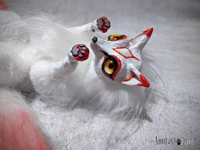 Kitsune in mixed media - My, Needlework without process, Kitsune, Nine-tailed fox, Handmade, Author's toy, Polymer clay, Longpost