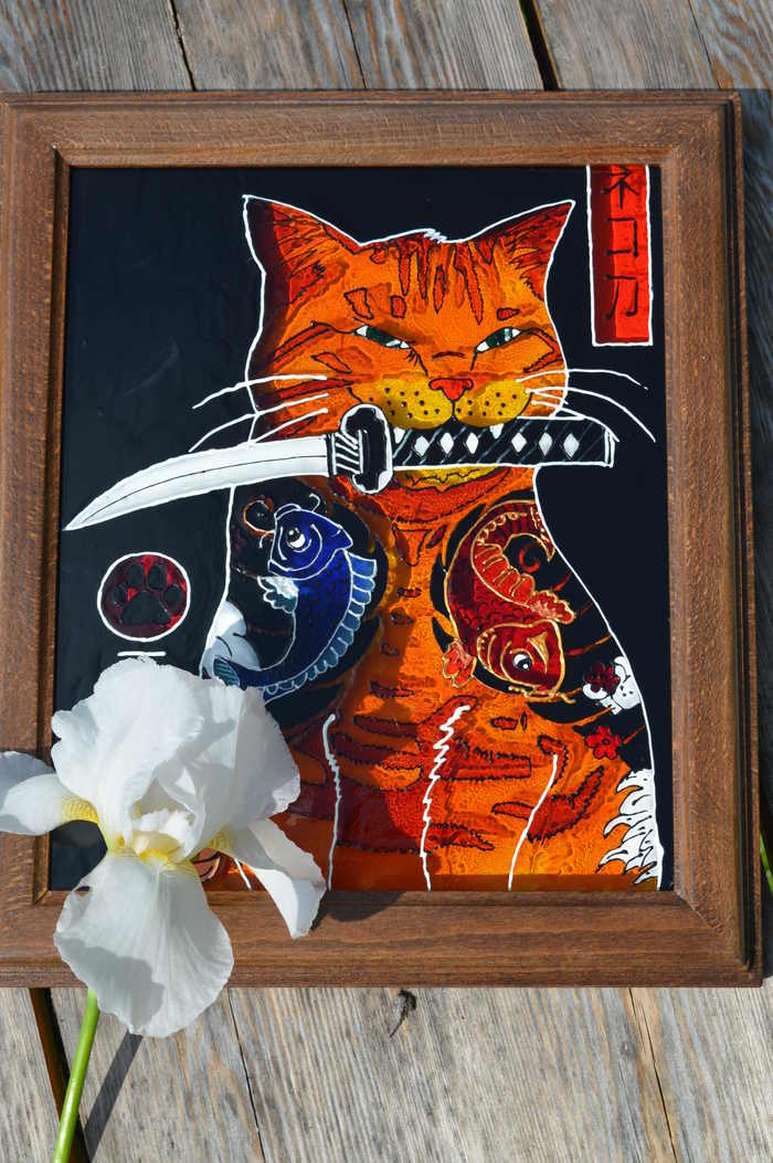 Red and dangerous cat Barsik - My, Basho, Redheads, cat, Wakizashi, Yakuza, Samurai, Tattoo, Painting, , Lamp, Backlight, Stained glass, Longpost