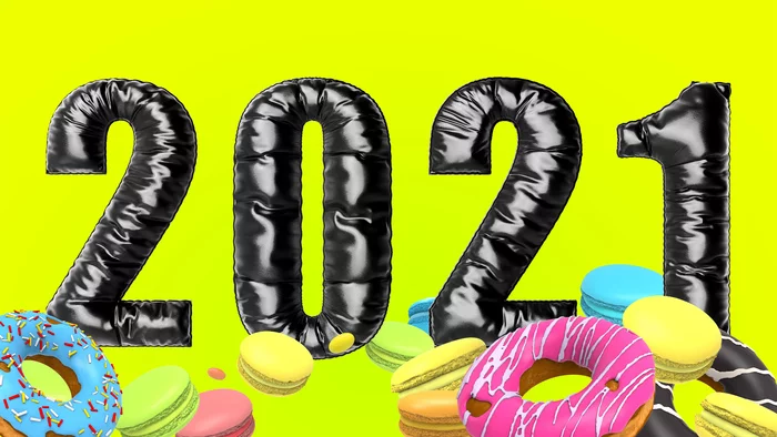 New Year 2021. Year of the Ox - My, New Year, Year of the bull, Bull, Lollipop, Chocolate, Donuts, Macaroons, Chupa Chups, Postcard, 2021, 3D, 3D graphics, Render, Illustrations