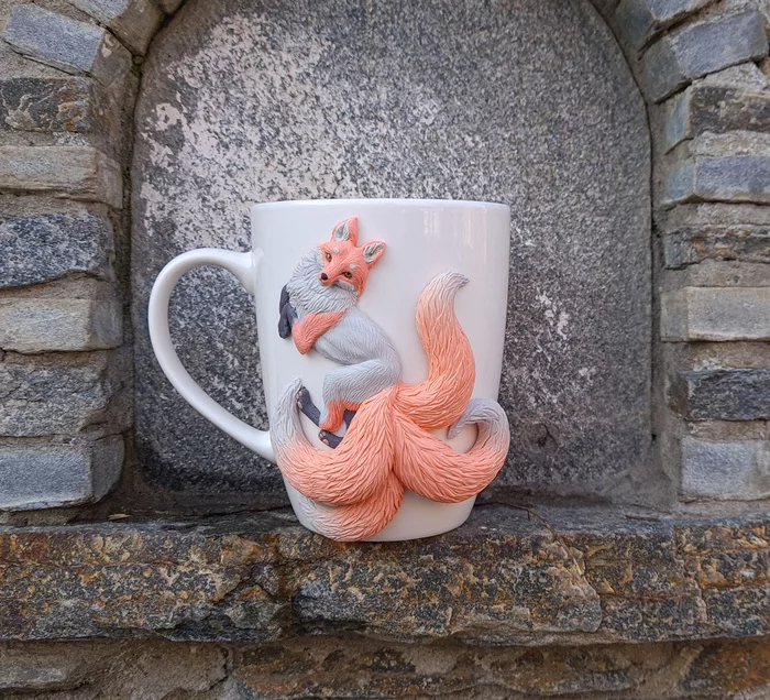 Kitsune - My, Polymer clay, Kitsune, Fantasy, Mug with decor, Handmade, Needlework with process, Longpost