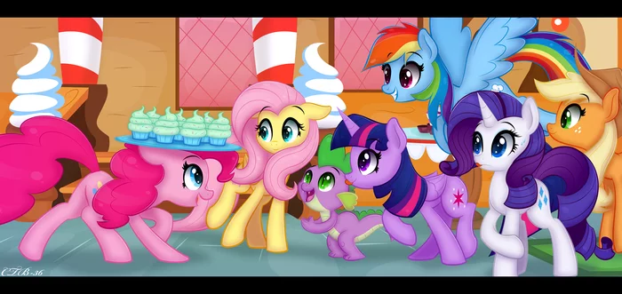 Who's for a cupcake? - My little pony, Mane 6, Twilight sparkle, Rainbow dash, Pinkie pie, Fluttershy, Rarity, Applejack, Spike